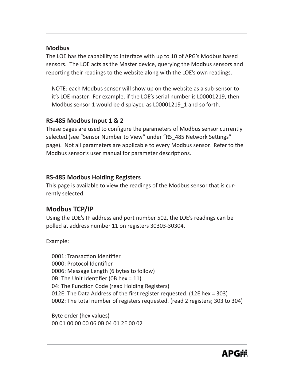 Modbus tcp/ip, Modbus, Rs-485 modbus holding registers | APG LOE Master Sensor user manual User Manual | Page 25 / 36