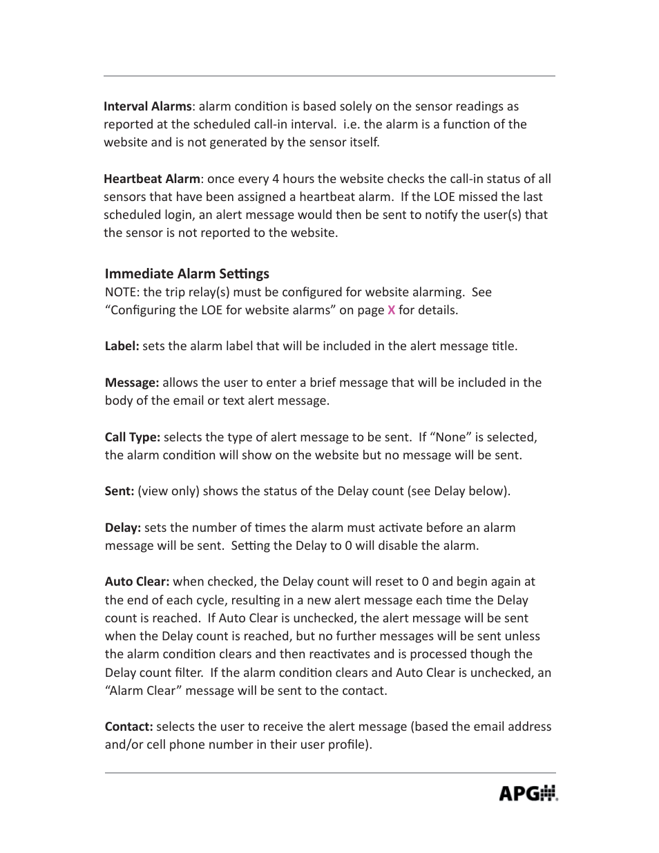 Immediate alarm se ngs | APG LOE Master Sensor user manual User Manual | Page 29 / 36