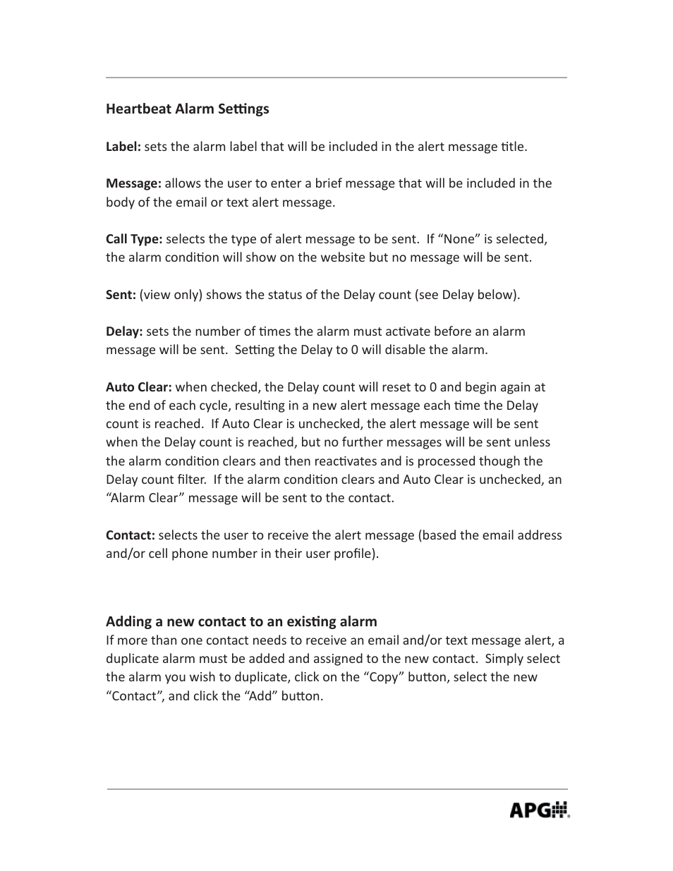 Heartbeat alarm se ngs, Adding a new contact to an exis ng alarm | APG LOE Master Sensor user manual User Manual | Page 31 / 36