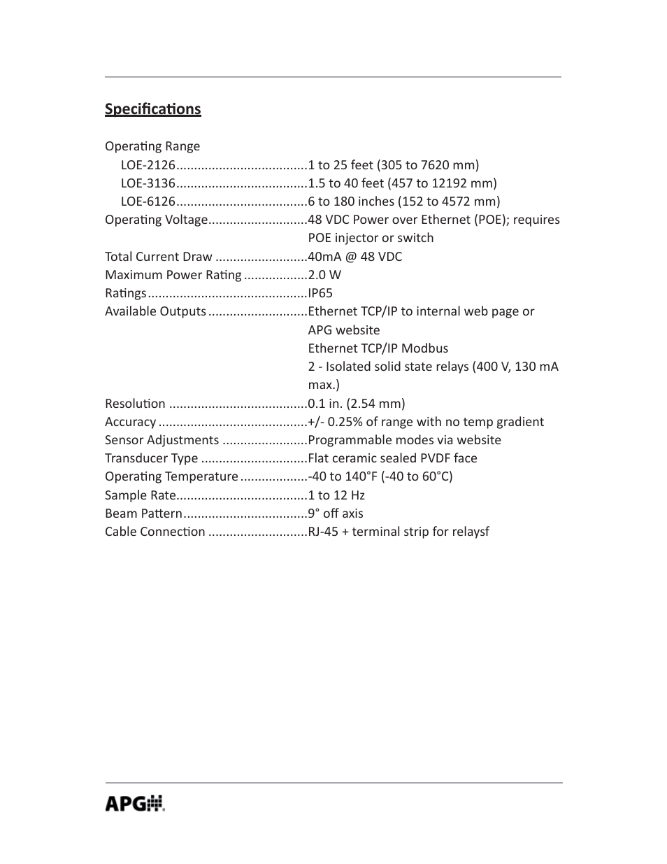 Specifi ca ons | APG LOE Master Sensor user manual User Manual | Page 34 / 36