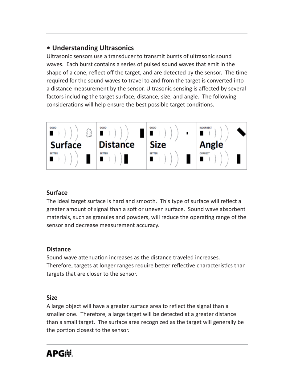 Understanding ultrasonics, Surface, Distance | Size | APG LOE Master Sensor user manual User Manual | Page 4 / 36