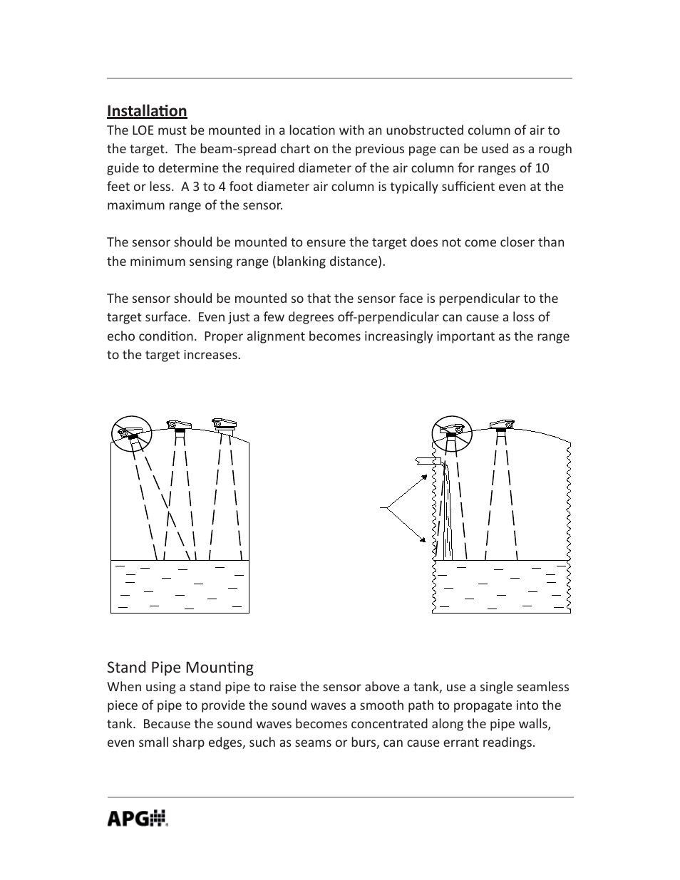 Installa on, Stand pipe moun ng | APG LOE Master Sensor user manual User Manual | Page 6 / 36