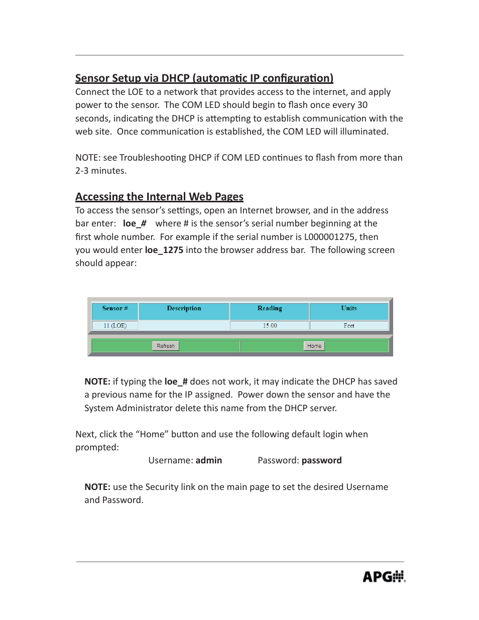 Sensor setup via dhcp (automa c ip confi gura on), Accessing the internal web pages | APG LOE Master Sensor user manual User Manual | Page 9 / 36