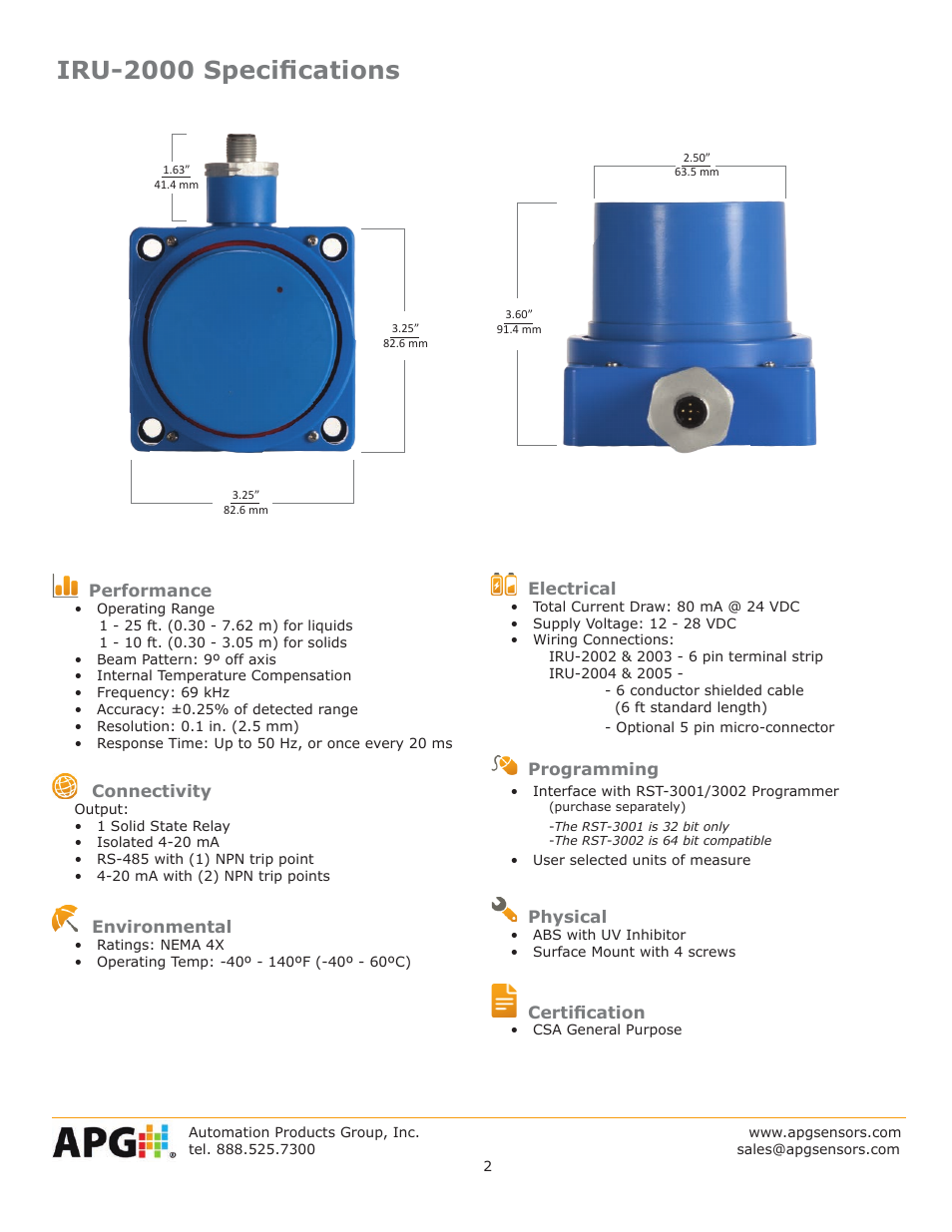 Iru-2000 specifications | APG IRU-2000 datasheet User Manual | Page 2 / 4