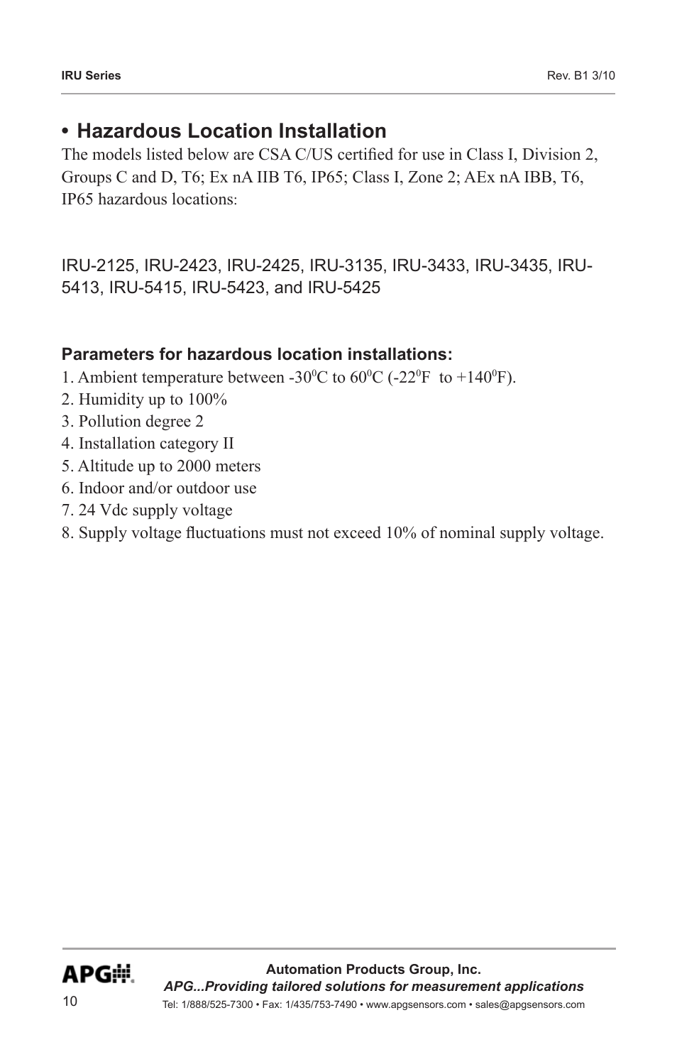 Hazardous location installation | APG IRU-9400 user manual User Manual | Page 10 / 42