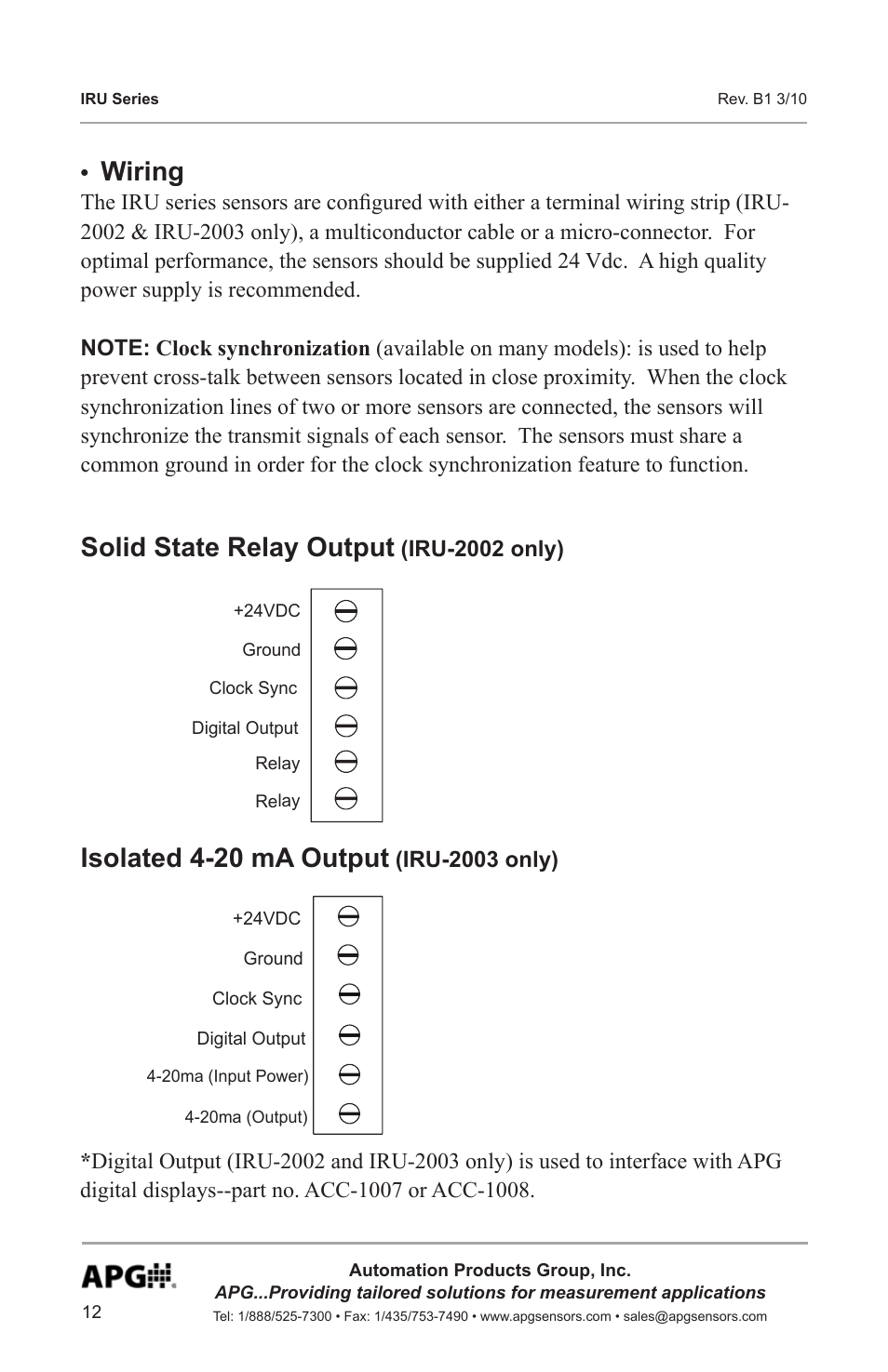 Solid state relay output, Wiring, Isolated 4-20 ma output | APG IRU-9400 user manual User Manual | Page 12 / 42