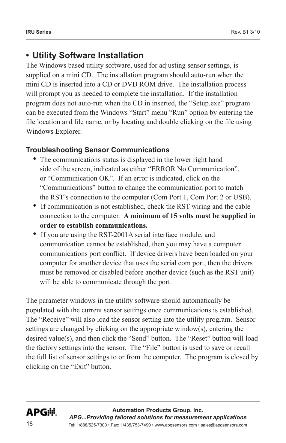 Utility software installation | APG IRU-9400 user manual User Manual | Page 18 / 42