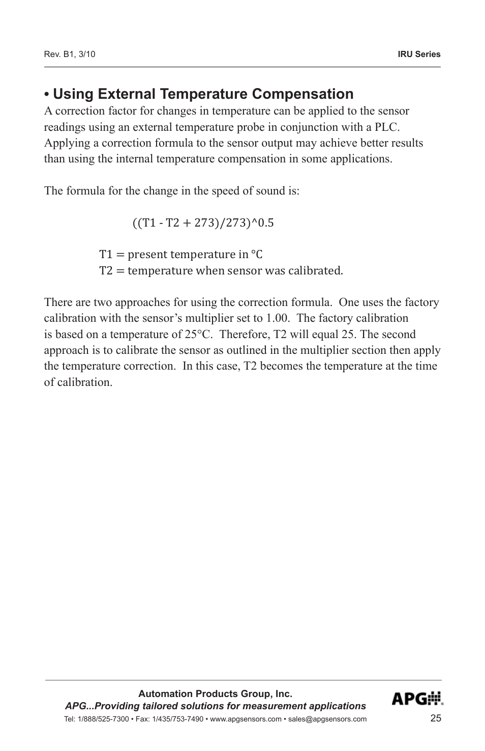 Using external temperature compensation | APG IRU-9400 user manual User Manual | Page 25 / 42