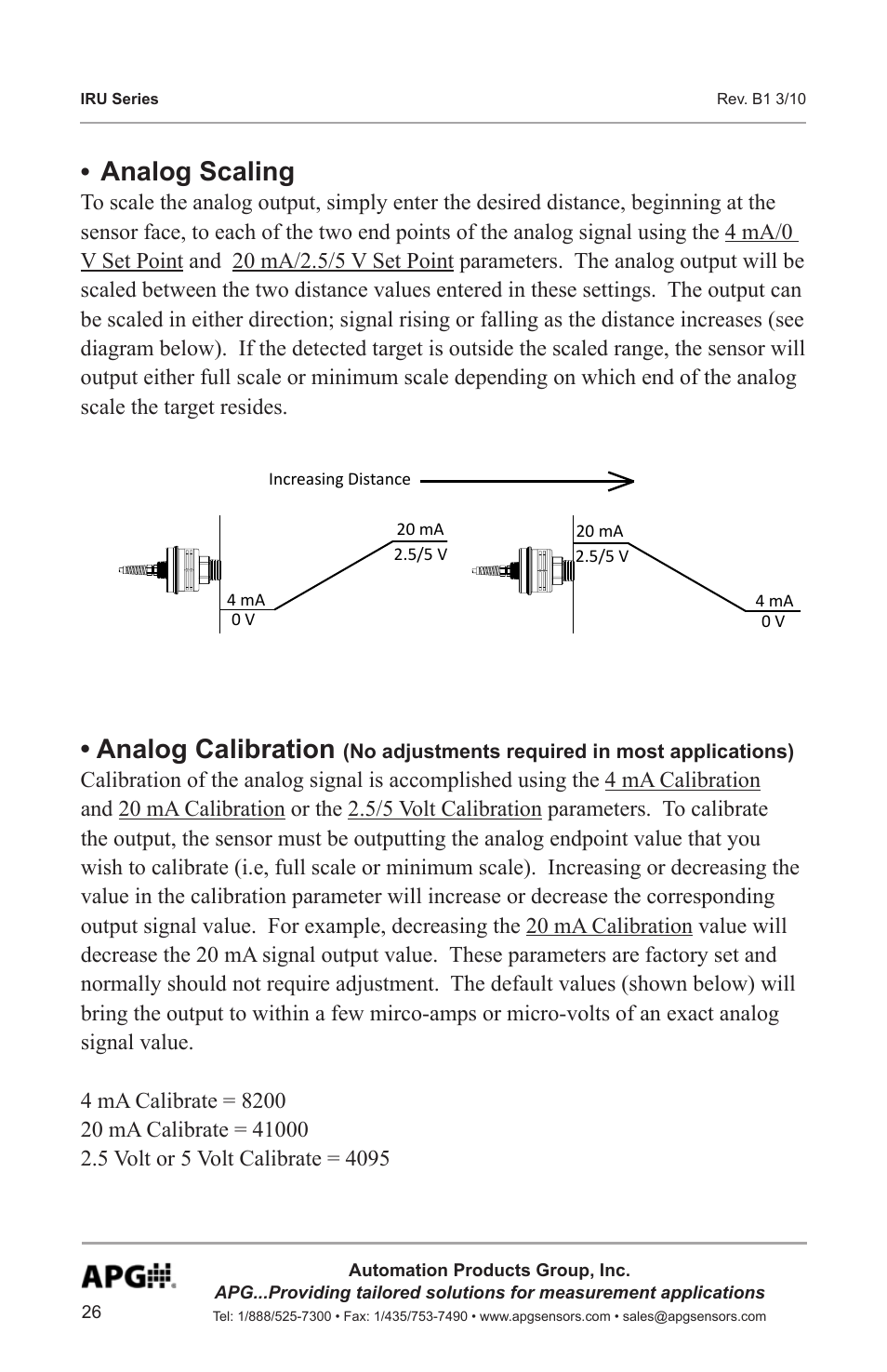 Analog scaling, Analog calibration | APG IRU-9400 user manual User Manual | Page 26 / 42