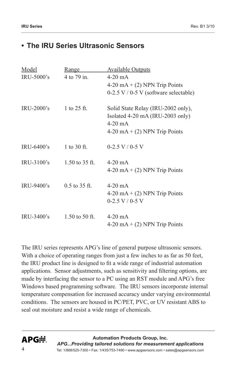 The iru series ultrasonic sensors | APG IRU-9400 user manual User Manual | Page 4 / 42