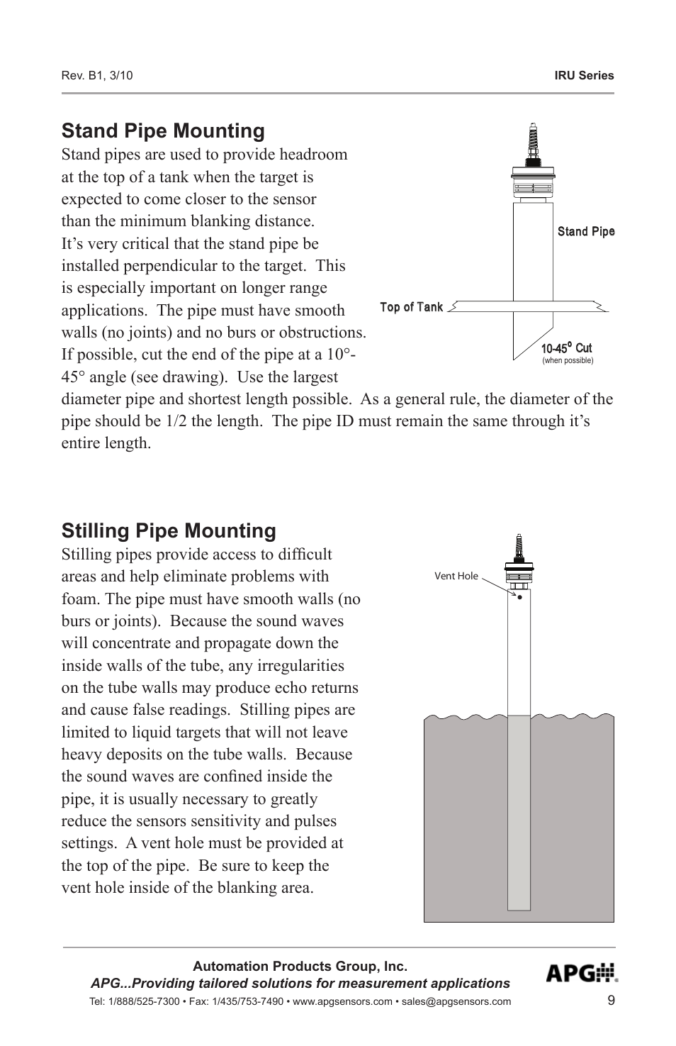 Stand pipe mounting, Stilling pipe mounting | APG IRU-9400 user manual User Manual | Page 9 / 42