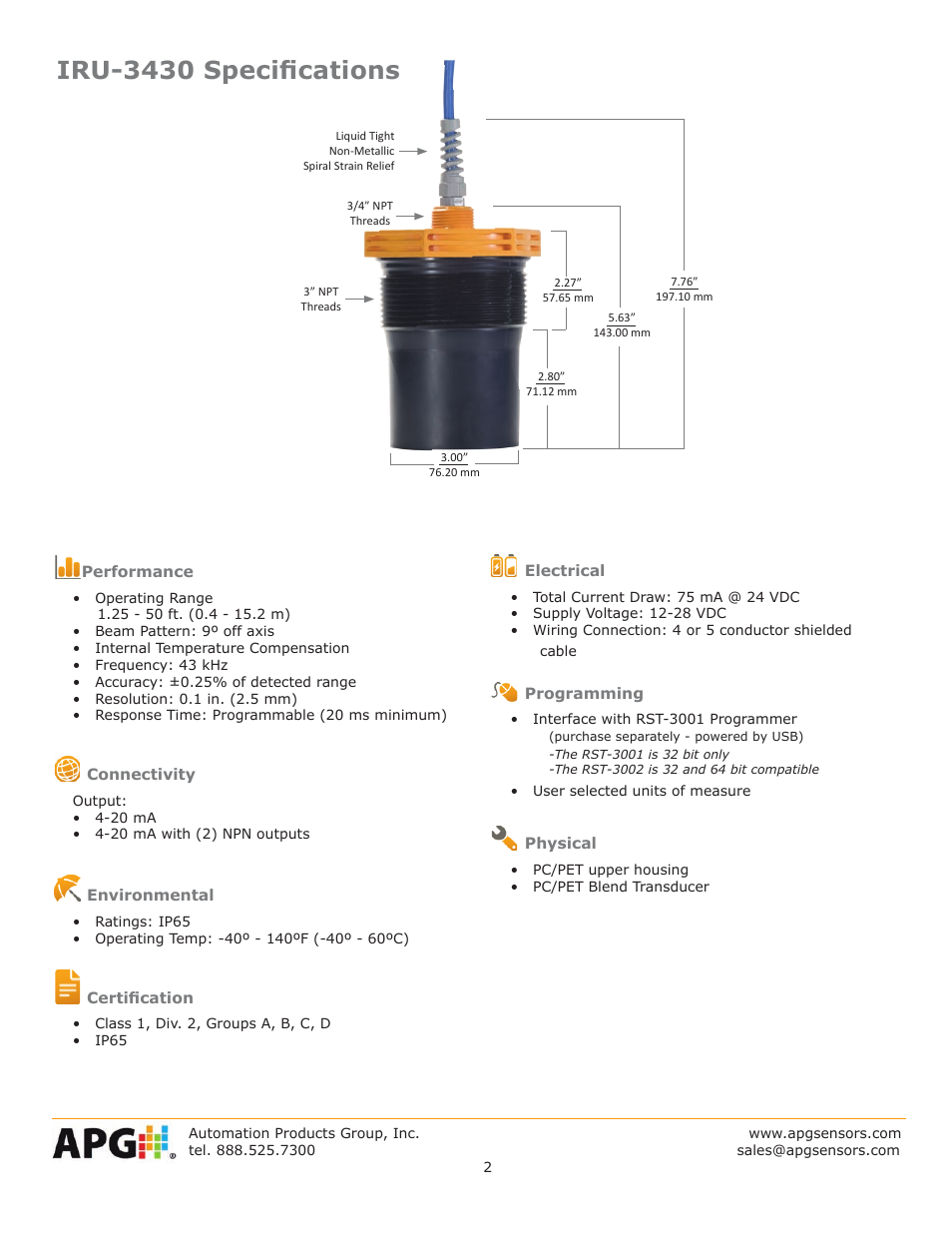 Iru-3430 specifications | APG IRU-3430 datasheet User Manual | Page 2 / 4