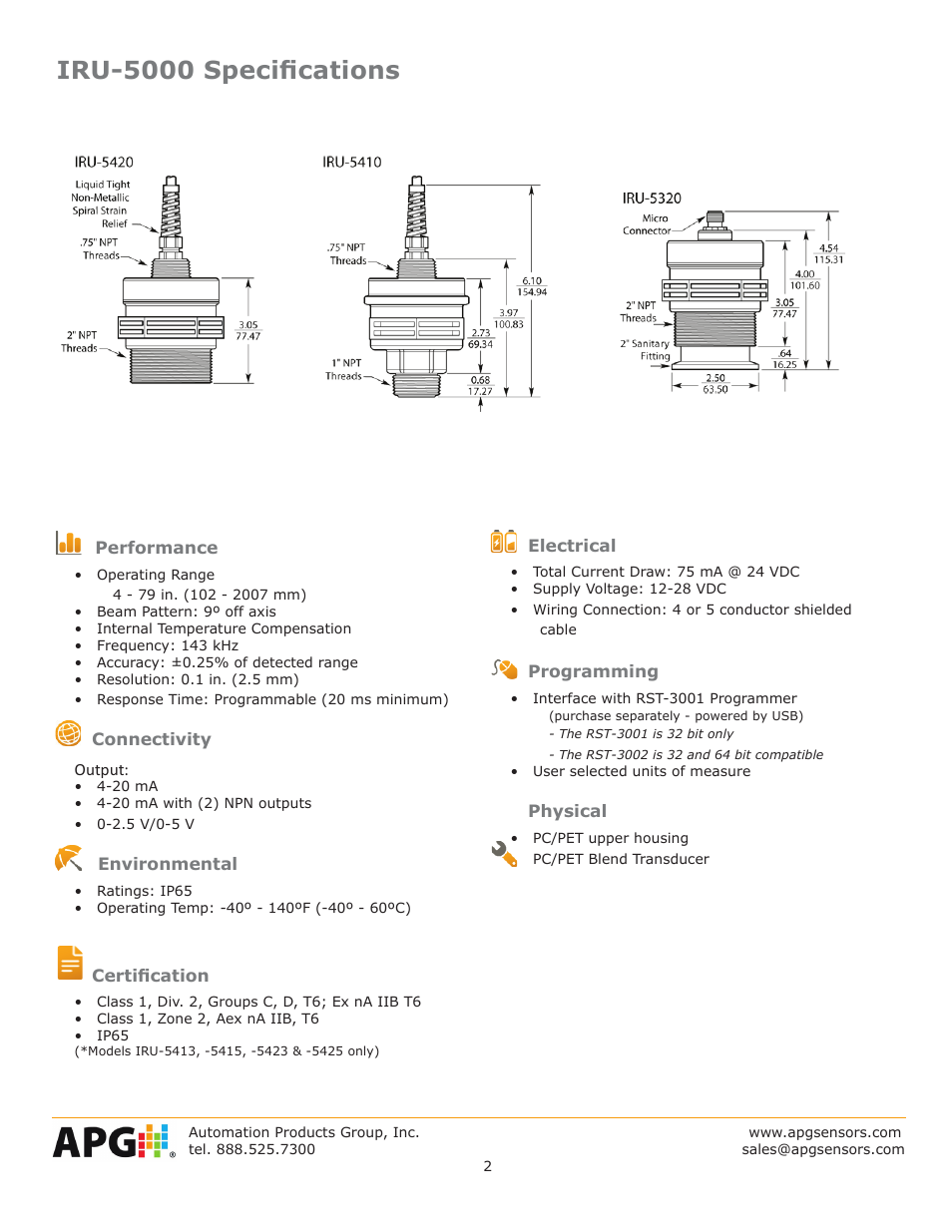 Iru-5000 specifications | APG IRU-5000 datasheet User Manual | Page 2 / 4