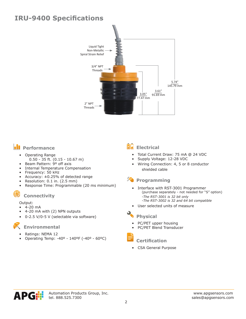 Iru-9400 specifications | APG IRU-9400 datasheet User Manual | Page 2 / 4