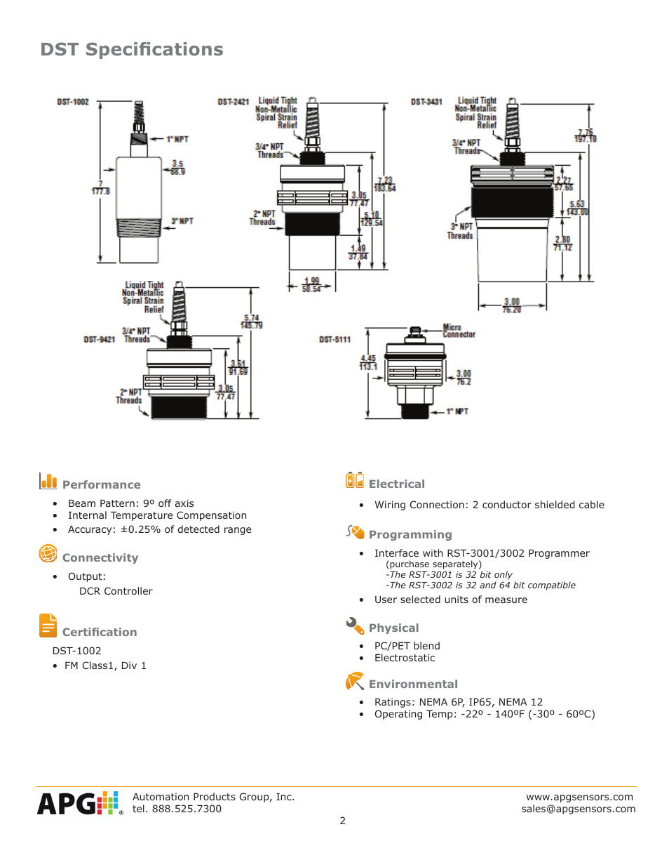Dst specifications | APG DST Sensors datasheet User Manual | Page 2 / 4