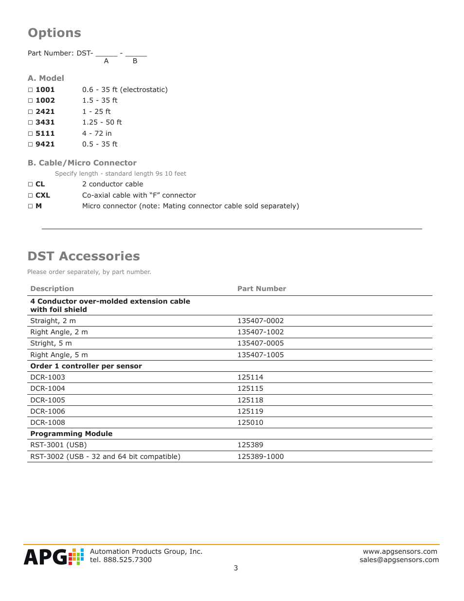 Options, Dst accessories | APG DST Sensors datasheet User Manual | Page 3 / 4