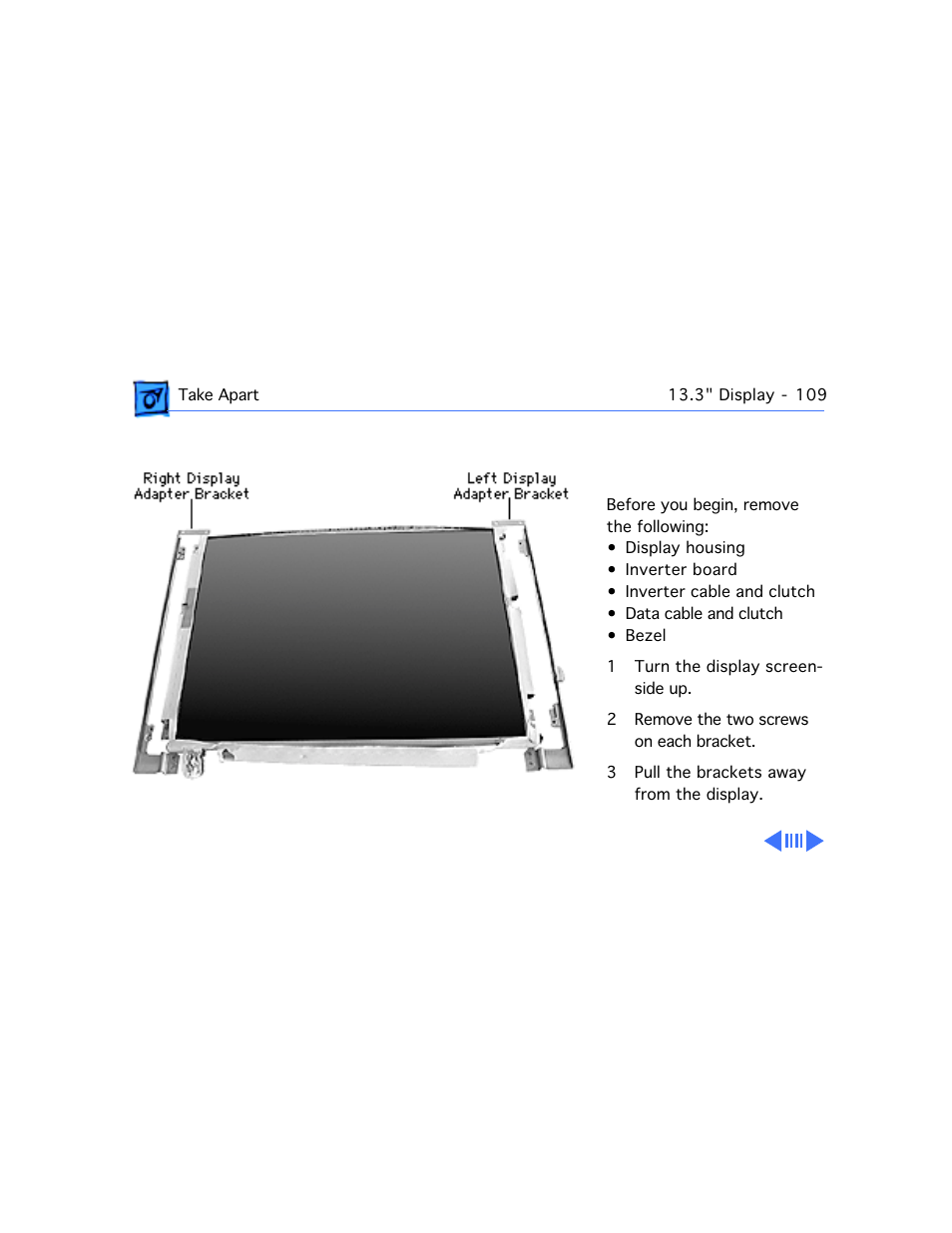 Left and right display adapter brackets | Apple PowerBook G3 Series User Manual | Page 110 / 112