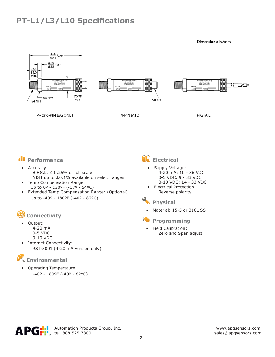Pt-l1/l3/l10 specifications | APG PT-L10-C datasheet User Manual | Page 2 / 4