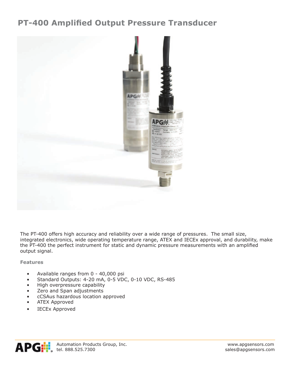 APG PT-400 Pressure Transducer datasheet User Manual | 4 pages