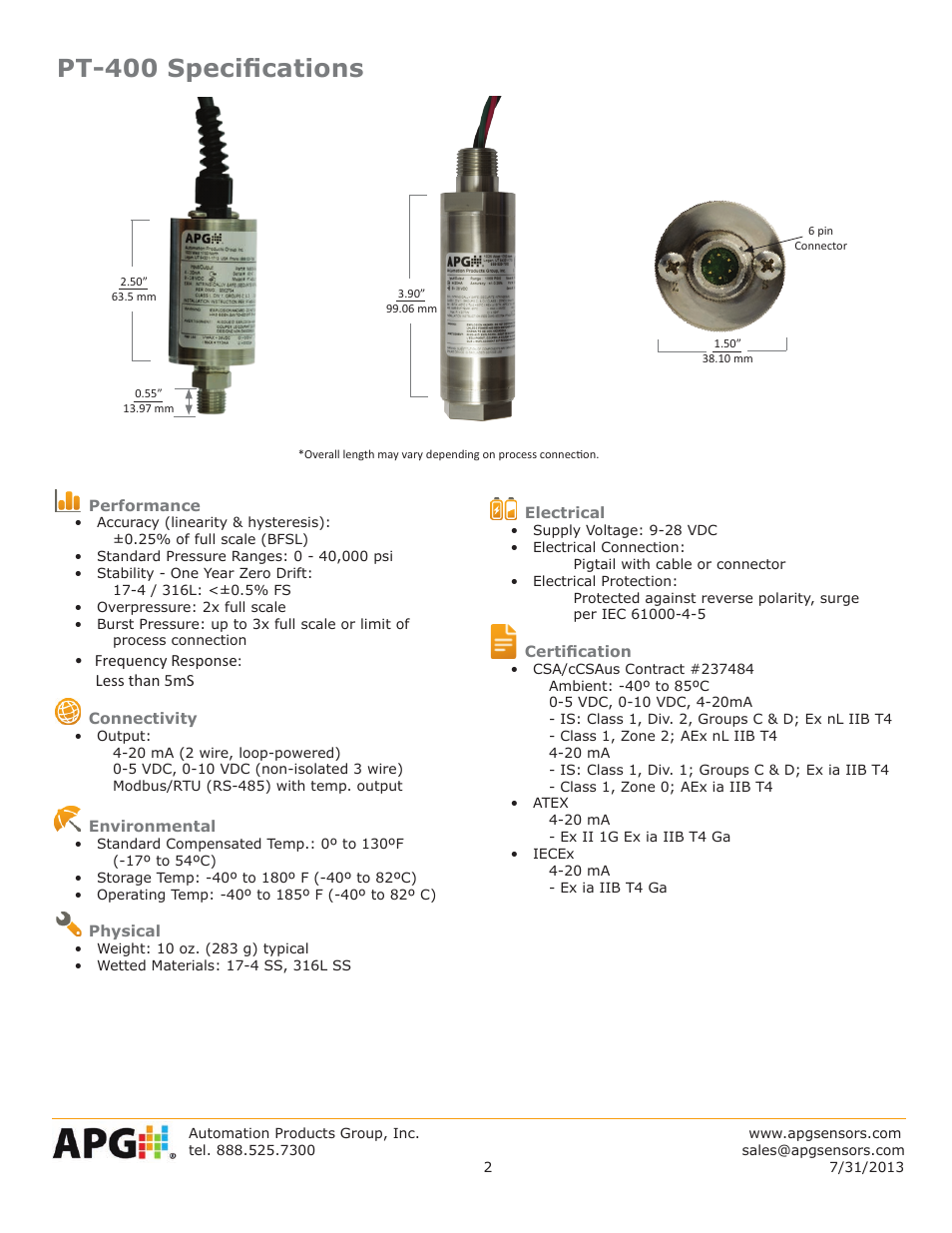 Pt-400 specifications | APG PT-400 Pressure Transducer datasheet User Manual | Page 2 / 4