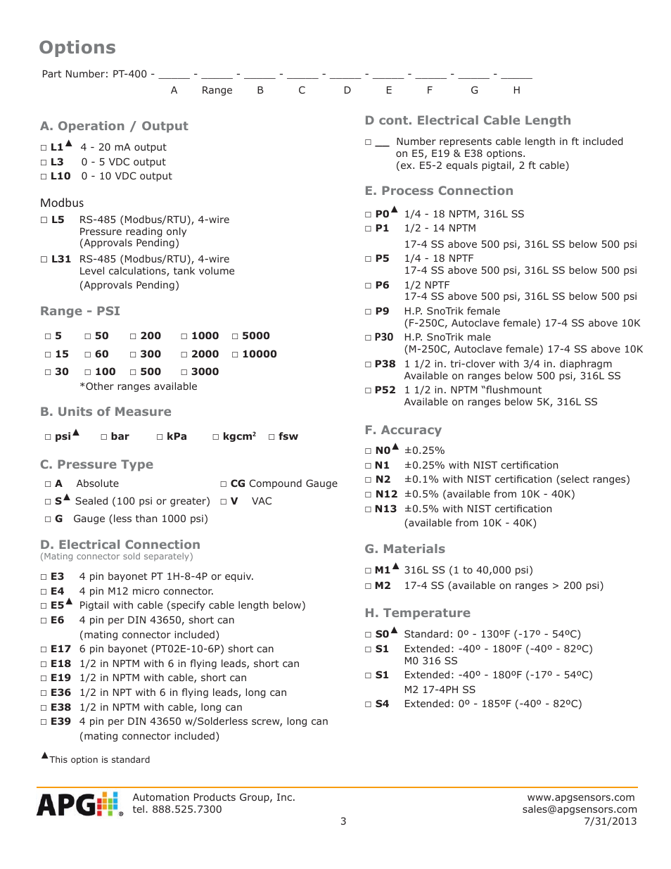 Options | APG PT-400 Pressure Transducer datasheet User Manual | Page 3 / 4