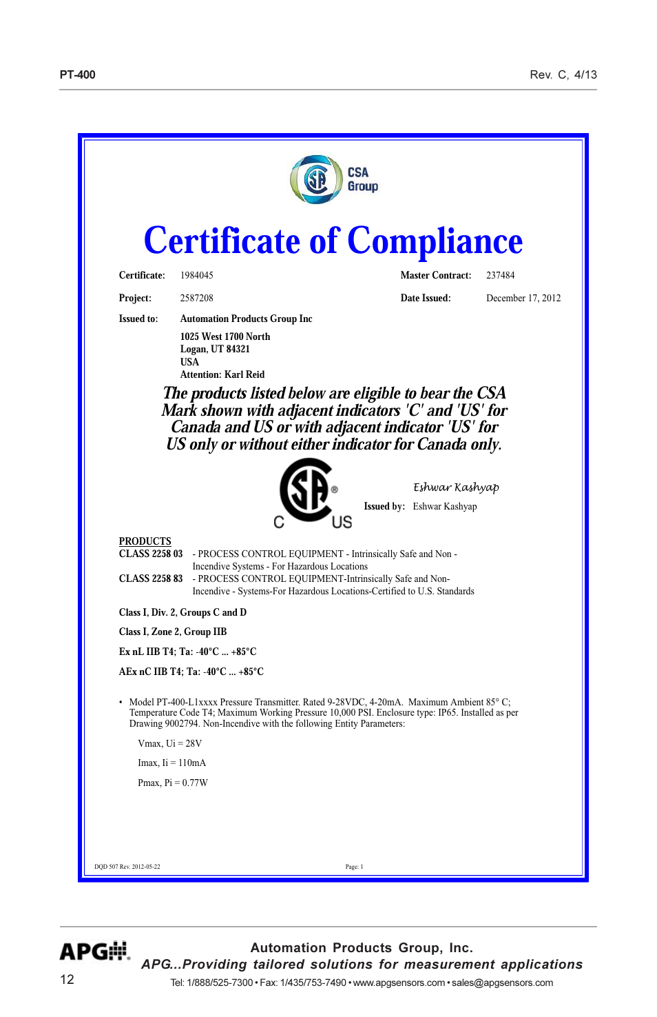 Ertificate, Ompliance, Csa m | Products, Listed, Below, Eligible, Bear, Shown, With | APG PT-400 Pressure Transducer user manual User Manual | Page 12 / 17
