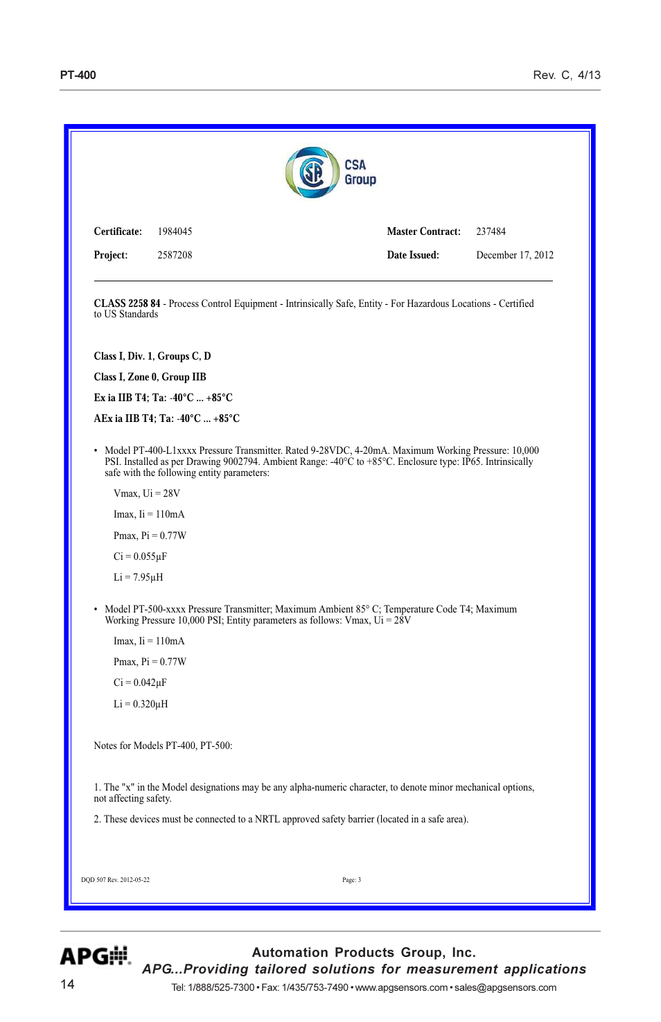 APG PT-400 Pressure Transducer user manual User Manual | Page 14 / 17