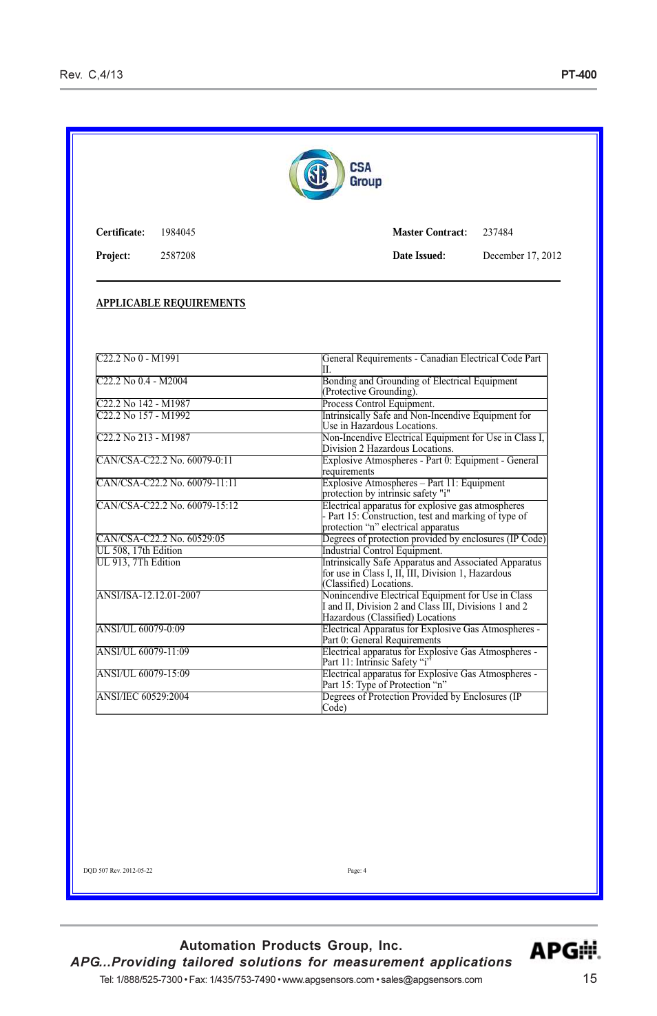 APG PT-400 Pressure Transducer user manual User Manual | Page 15 / 17
