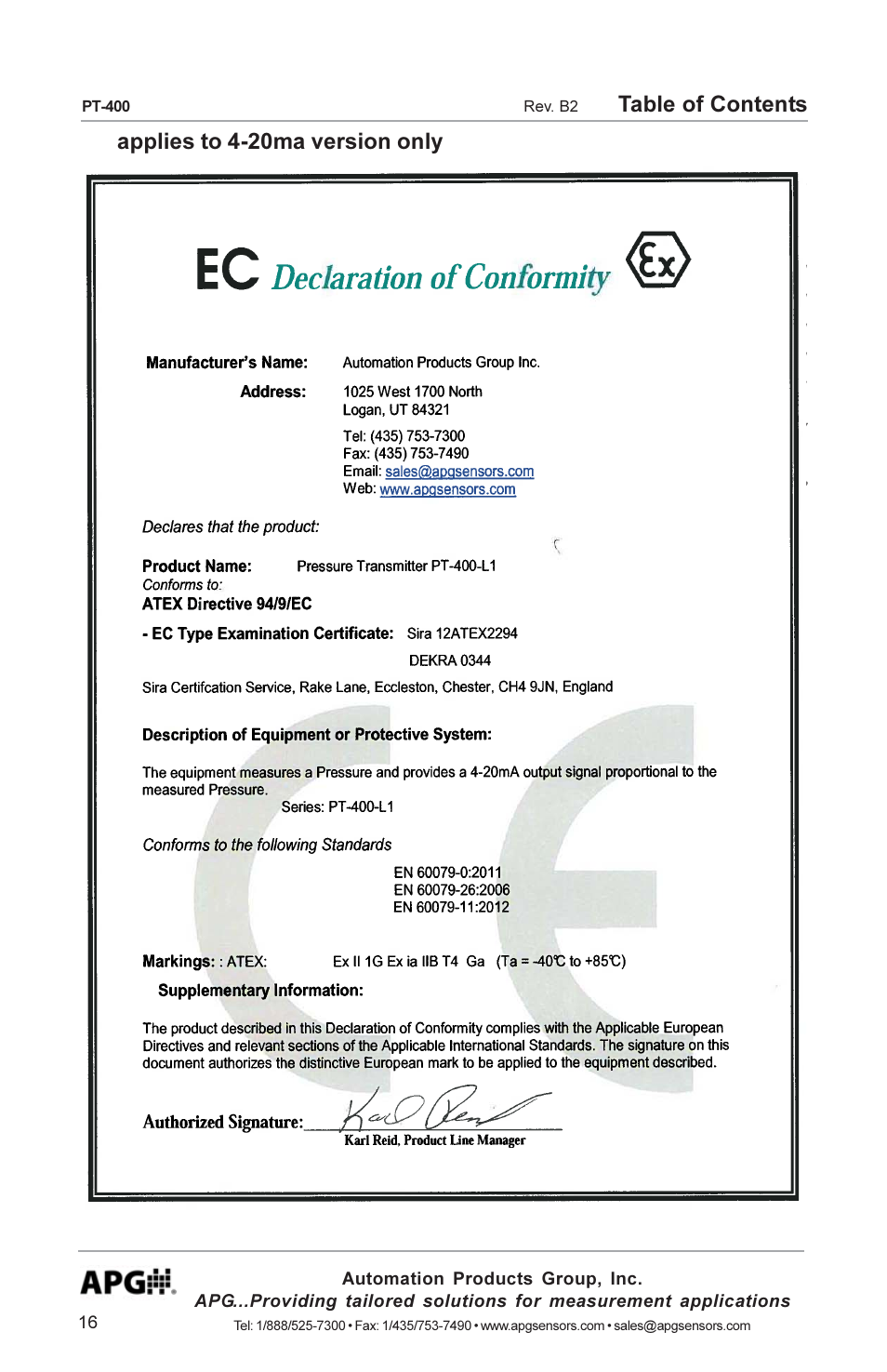 APG PT-400 Pressure Transducer user manual User Manual | Page 16 / 17