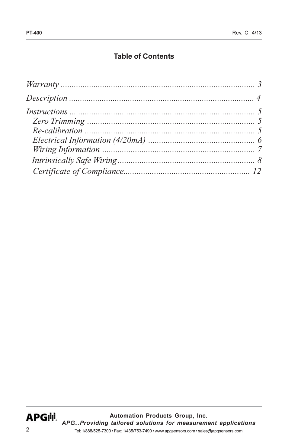 APG PT-400 Pressure Transducer user manual User Manual | Page 2 / 17