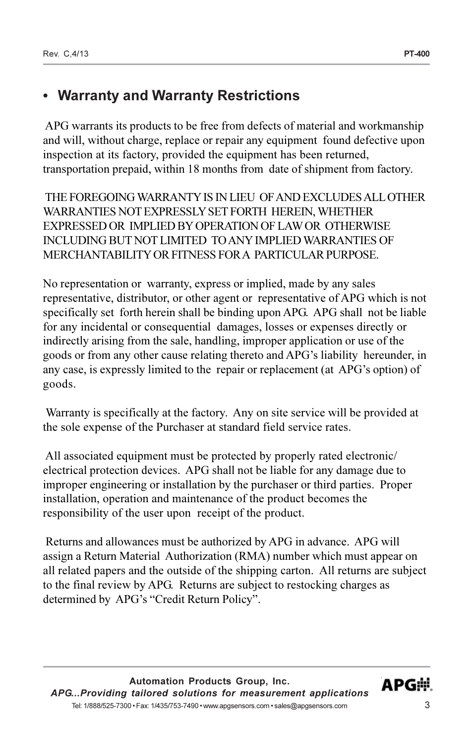 Warranty and warranty restrictions | APG PT-400 Pressure Transducer user manual User Manual | Page 3 / 17