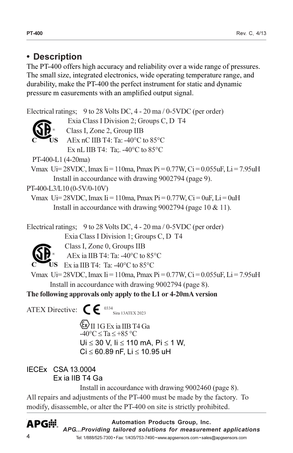 Description | APG PT-400 Pressure Transducer user manual User Manual | Page 4 / 17
