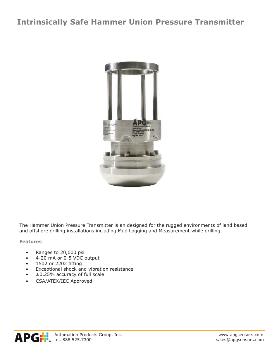 APG Hammer Union Pressure Tansmitter datasheet User Manual | 4 pages