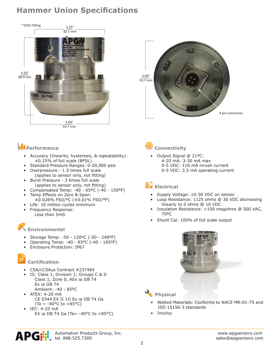 Hammer union specifications | APG Hammer Union Pressure Tansmitter datasheet User Manual | Page 2 / 4