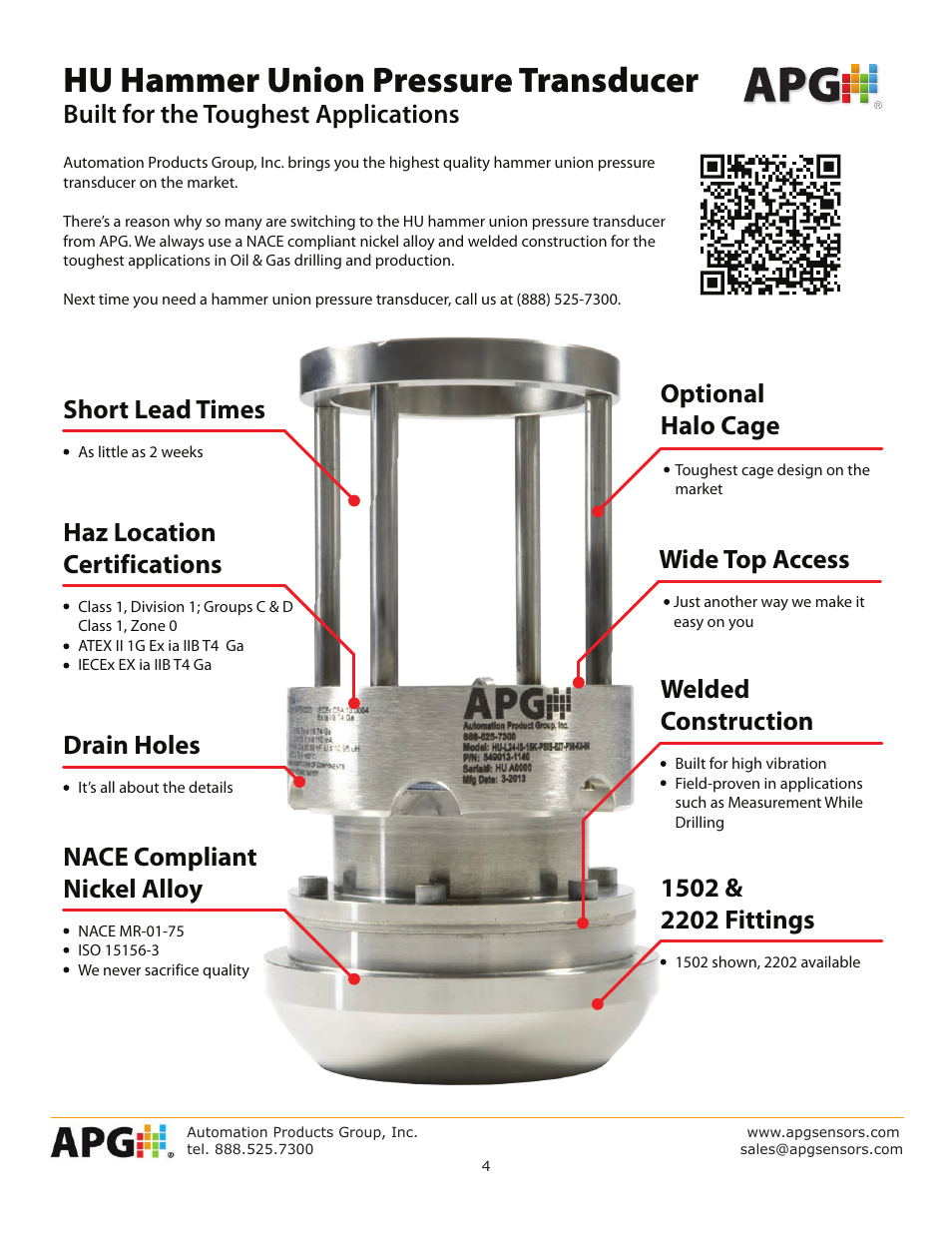 Hu hammer union pressure transducer, Wide top access, Nace compliant nickel alloy | Short lead times, Haz location certifications, Welded construction, Drain holes | APG Hammer Union Pressure Tansmitter datasheet User Manual | Page 4 / 4