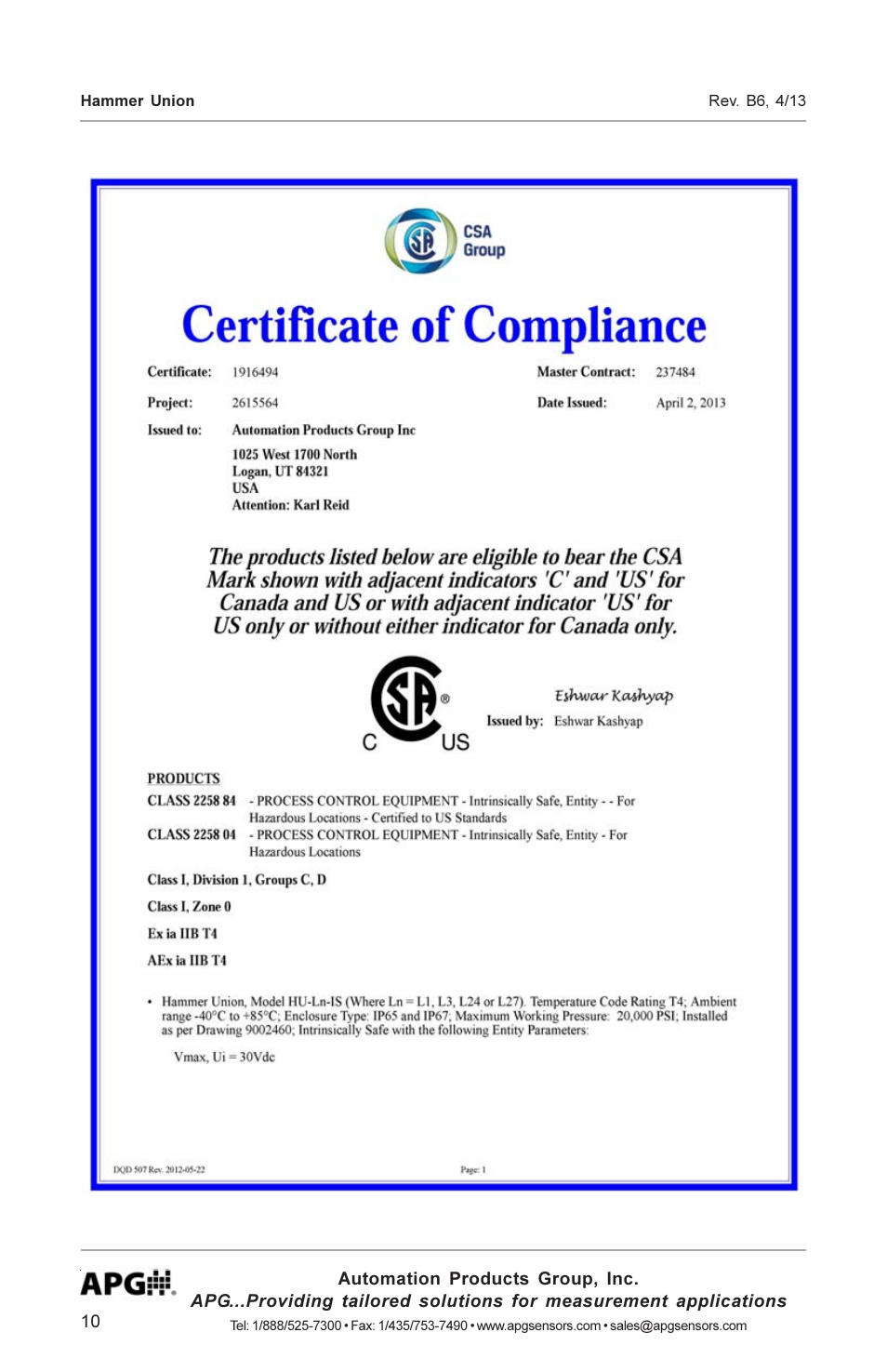 APG Hammer Union Pressure Tansmitter user manual User Manual | Page 10 / 13