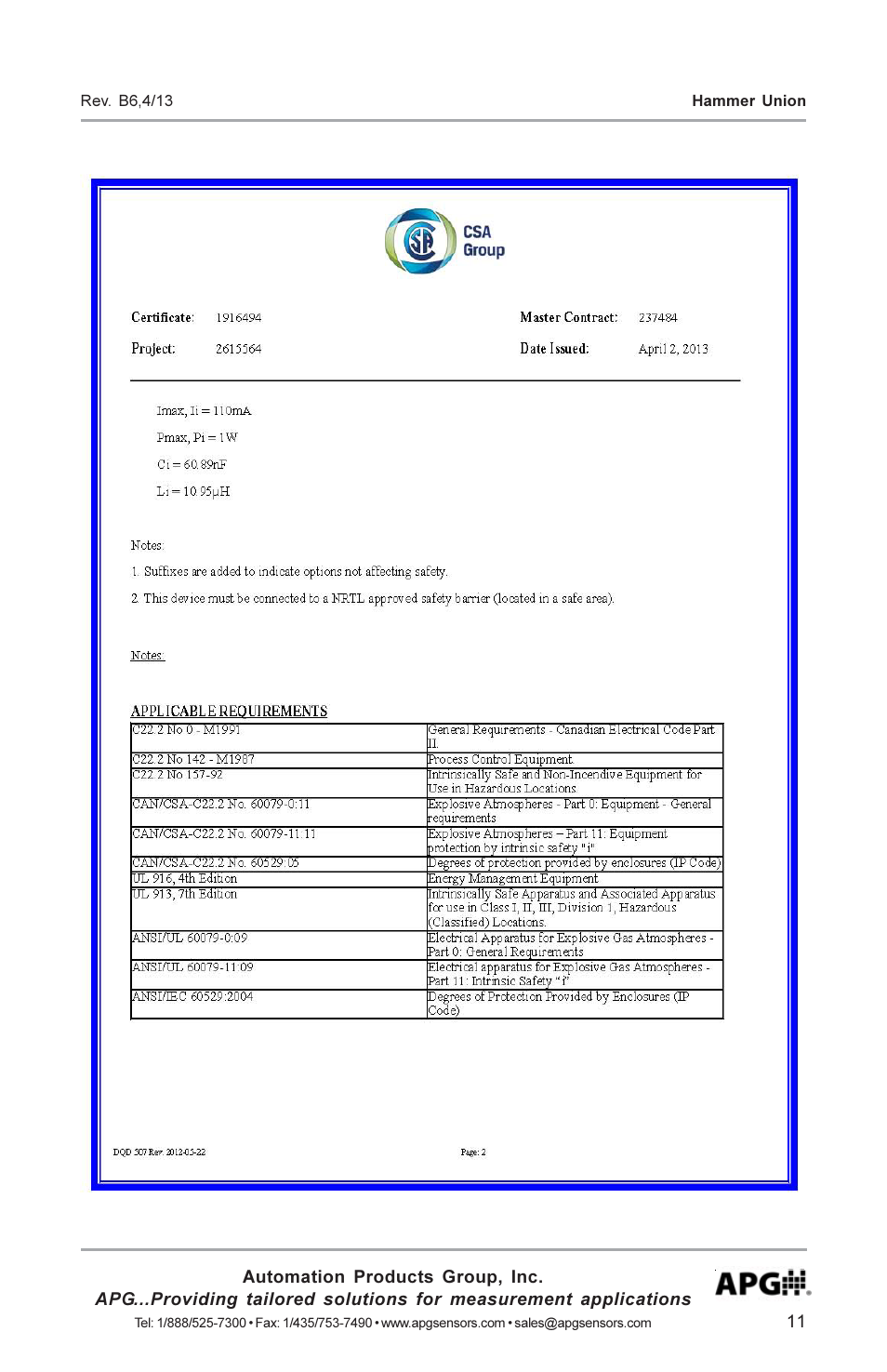 APG Hammer Union Pressure Tansmitter user manual User Manual | Page 11 / 13