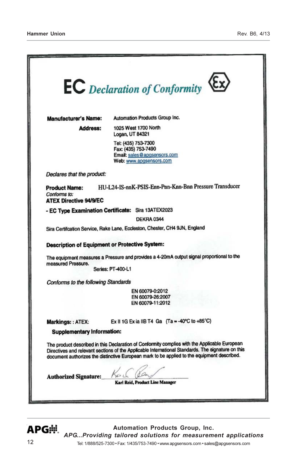 APG Hammer Union Pressure Tansmitter user manual User Manual | Page 12 / 13