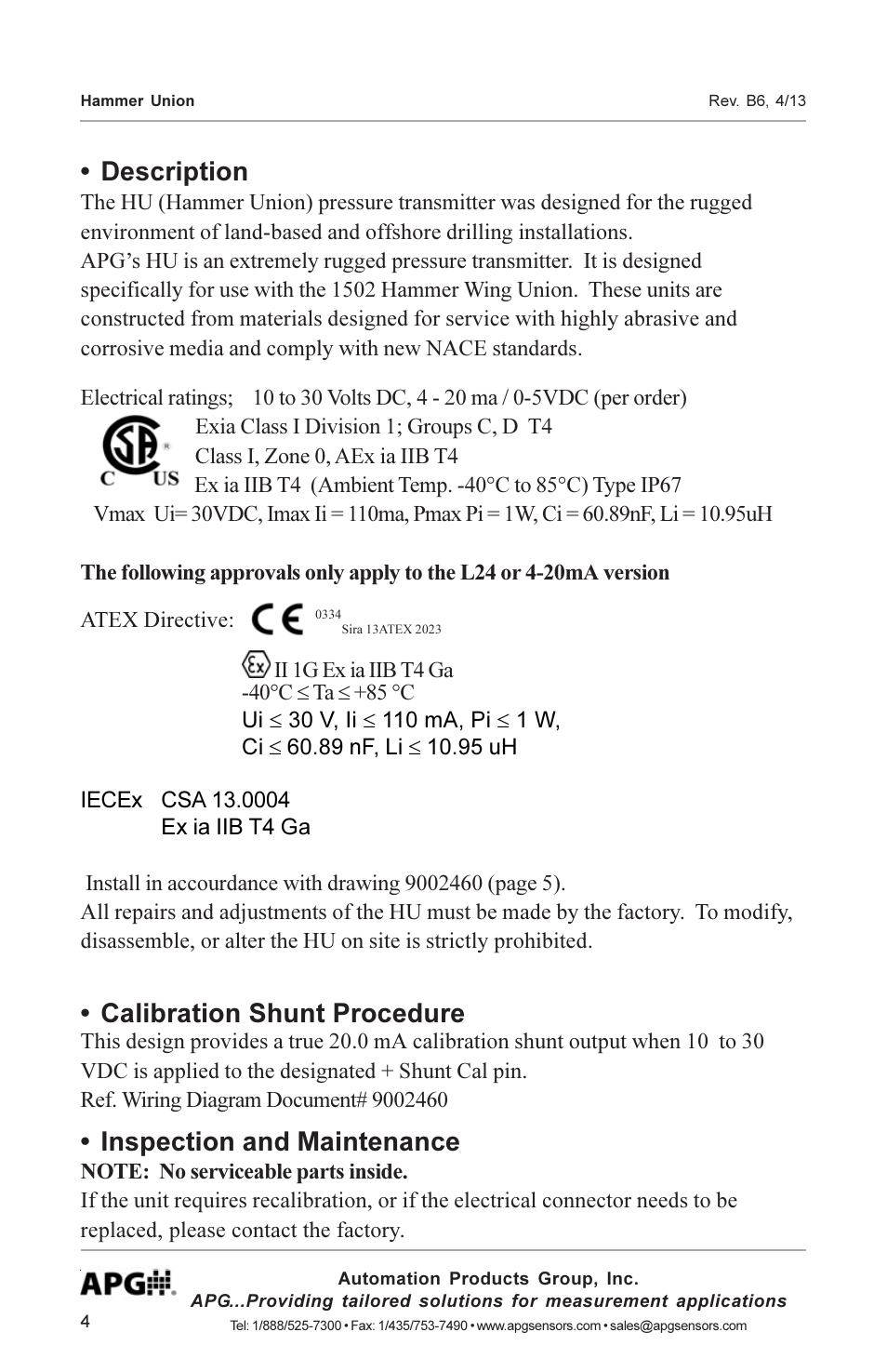 Description, Calibration shunt procedure, Inspection and maintenance | APG Hammer Union Pressure Tansmitter user manual User Manual | Page 4 / 13