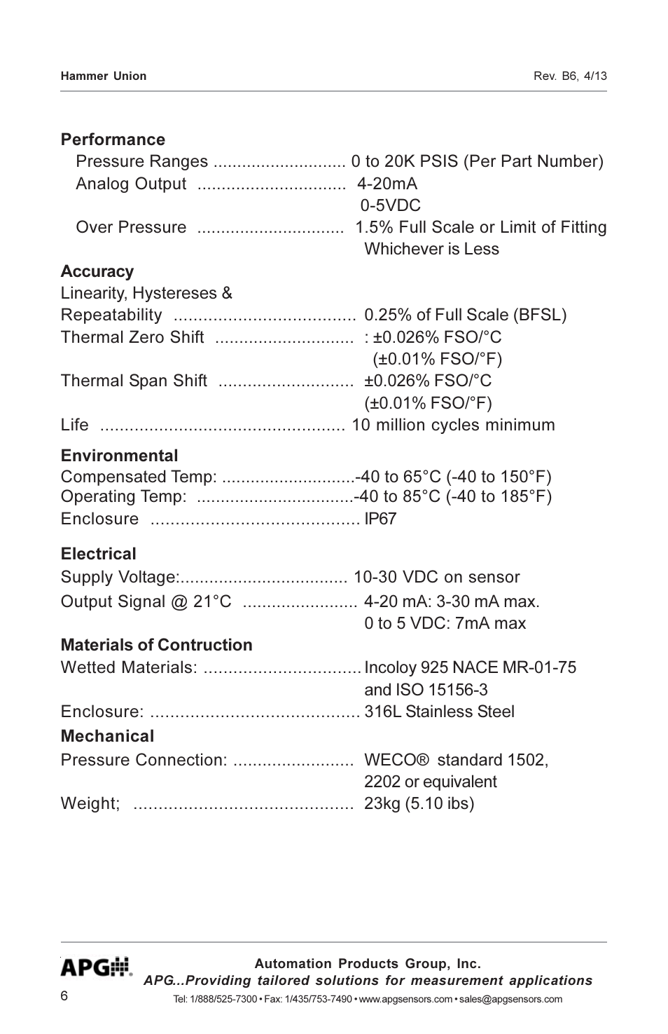APG Hammer Union Pressure Tansmitter user manual User Manual | Page 6 / 13