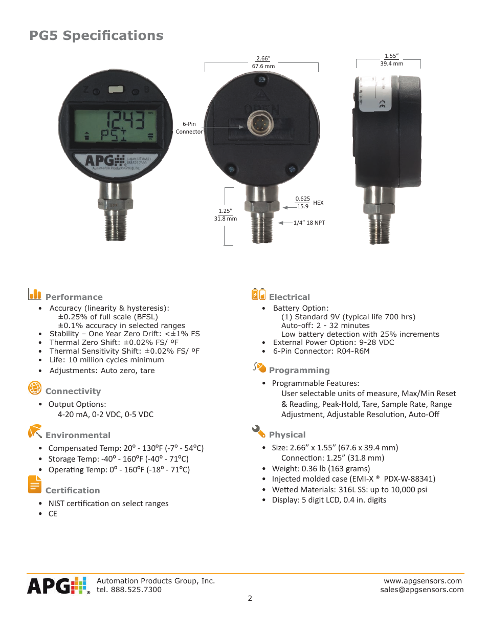Pg5 specifications | APG PG5 datasheet User Manual | Page 2 / 4