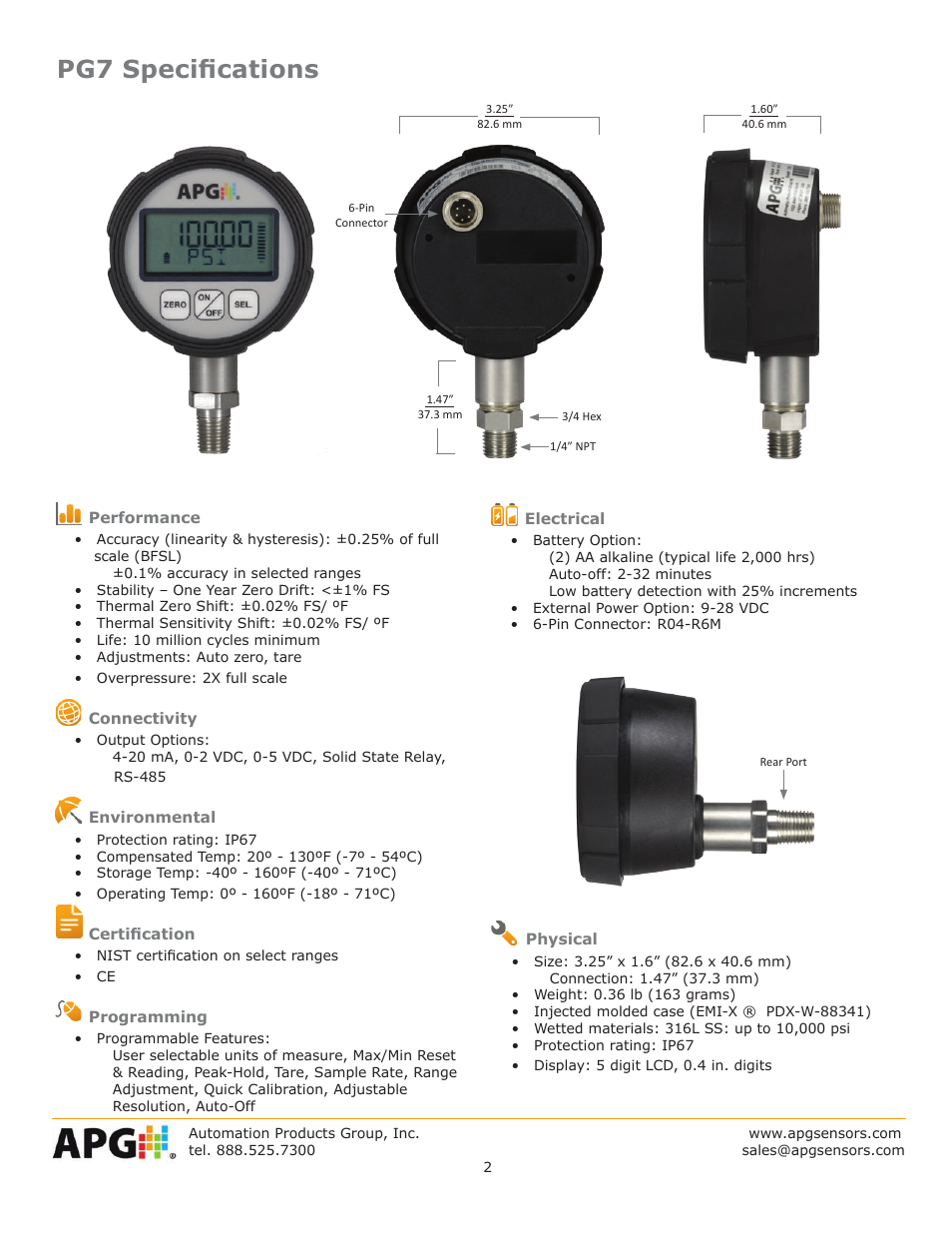Pg7 specifications | APG PG7 datasheet User Manual | Page 2 / 4