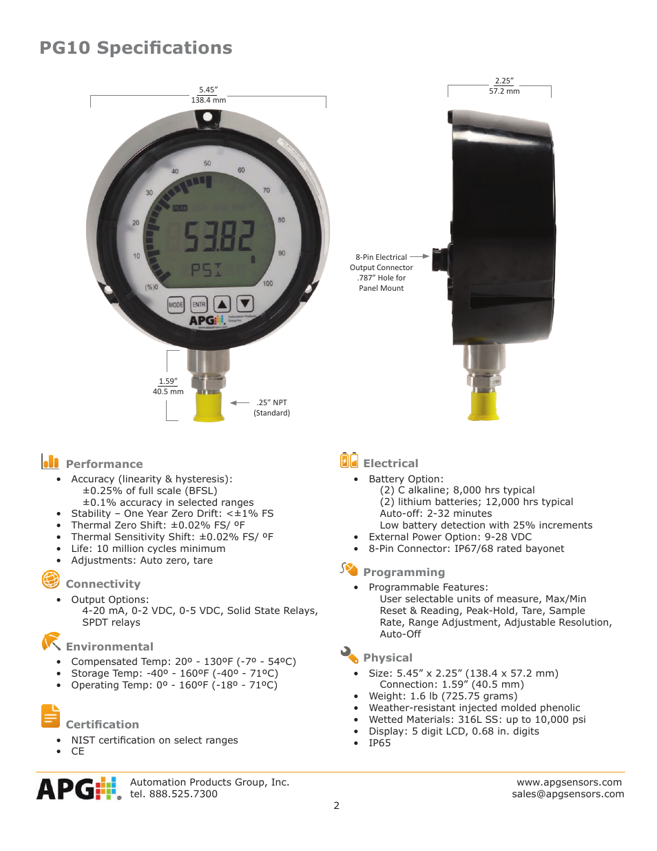 Pg10 specifications | APG PG10 datasheet User Manual | Page 2 / 4