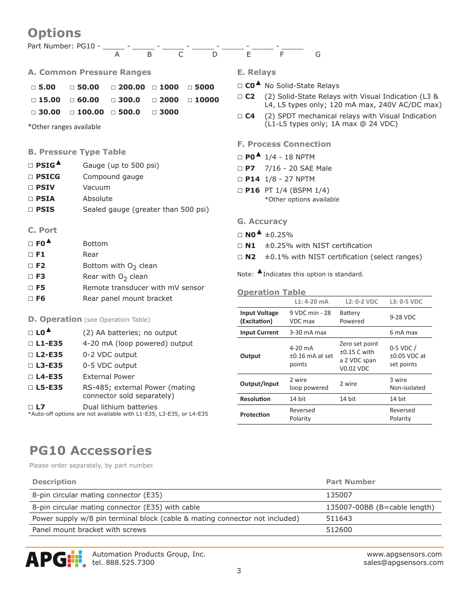 Options, Pg10 accessories | APG PG10 datasheet User Manual | Page 3 / 4