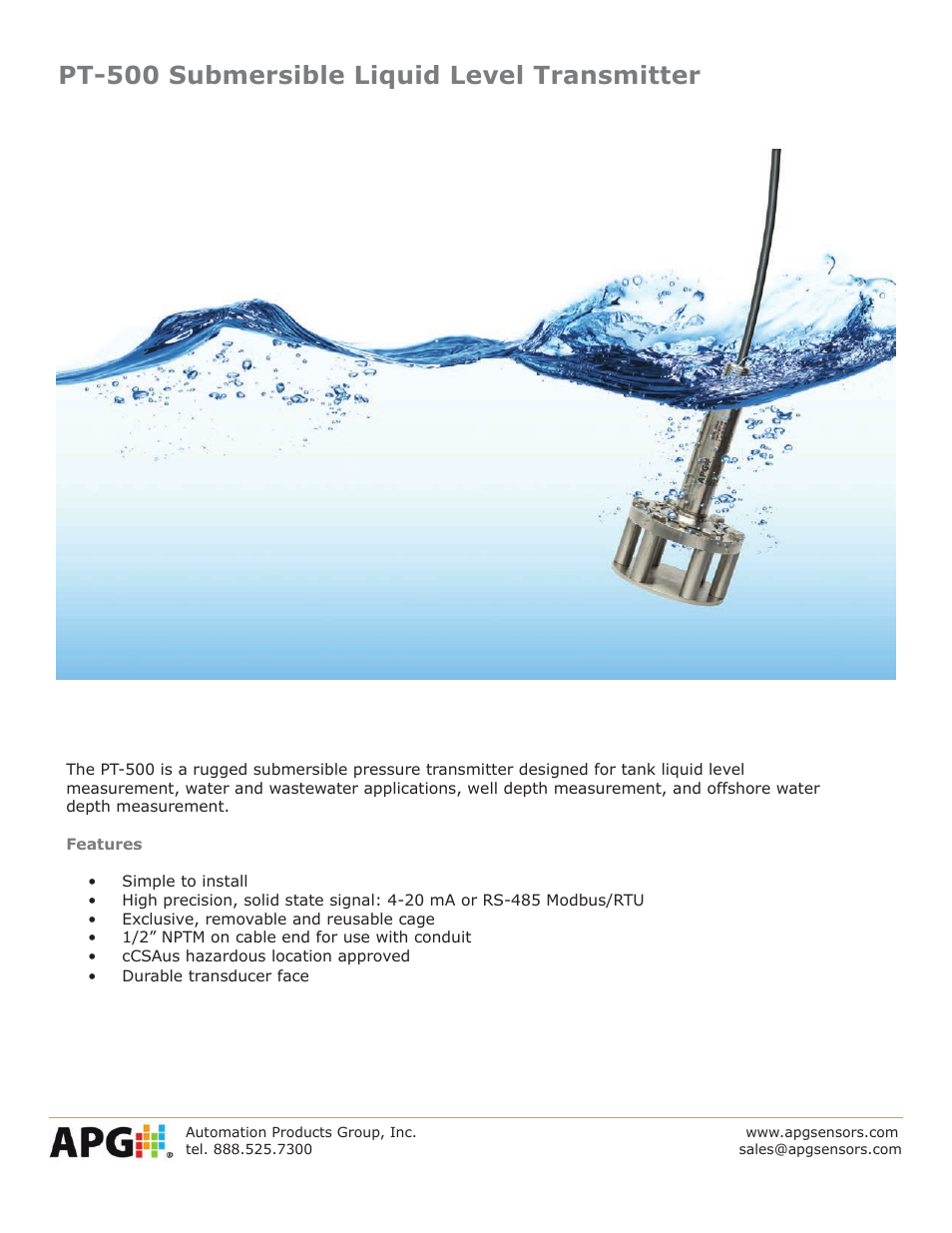 APG PT-500 Slave Submersible datasheet User Manual | 4 pages