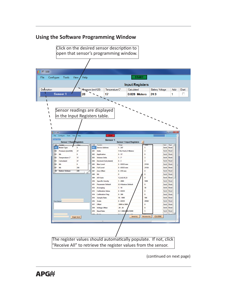 Using the so ware programming window | APG PT-503 Slave Submersible Modbus user manual User Manual | Page 10 / 32