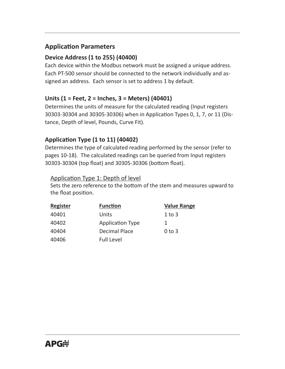 Applica on parameters | APG PT-503 Slave Submersible Modbus user manual User Manual | Page 14 / 32