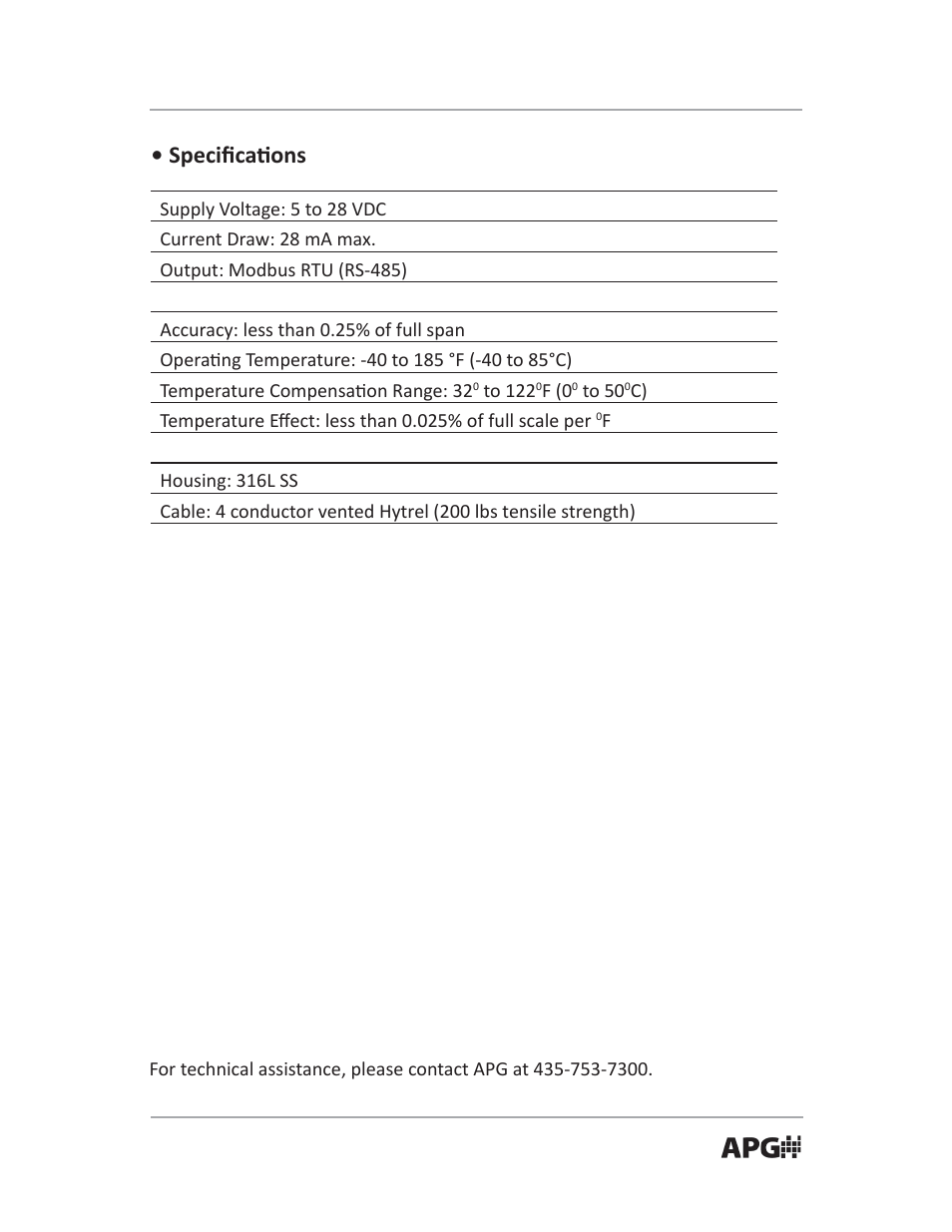 Specifi ca ons | APG PT-503 Slave Submersible Modbus user manual User Manual | Page 31 / 32