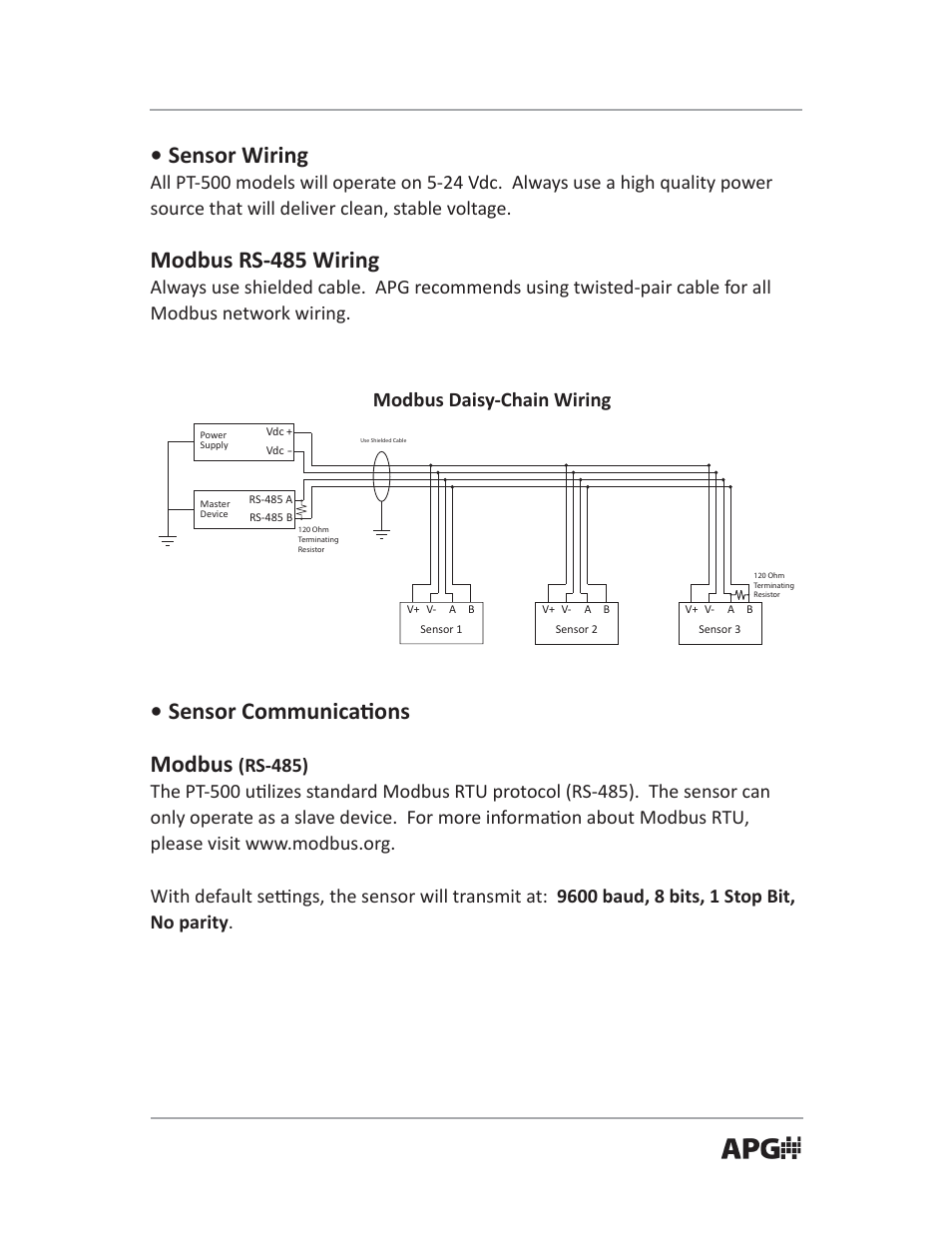 Sensor wiring, Modbus rs-485 wiring, Sensor communica ons modbus | Modbus daisy-chain wiring | APG PT-503 Slave Submersible Modbus user manual User Manual | Page 5 / 32
