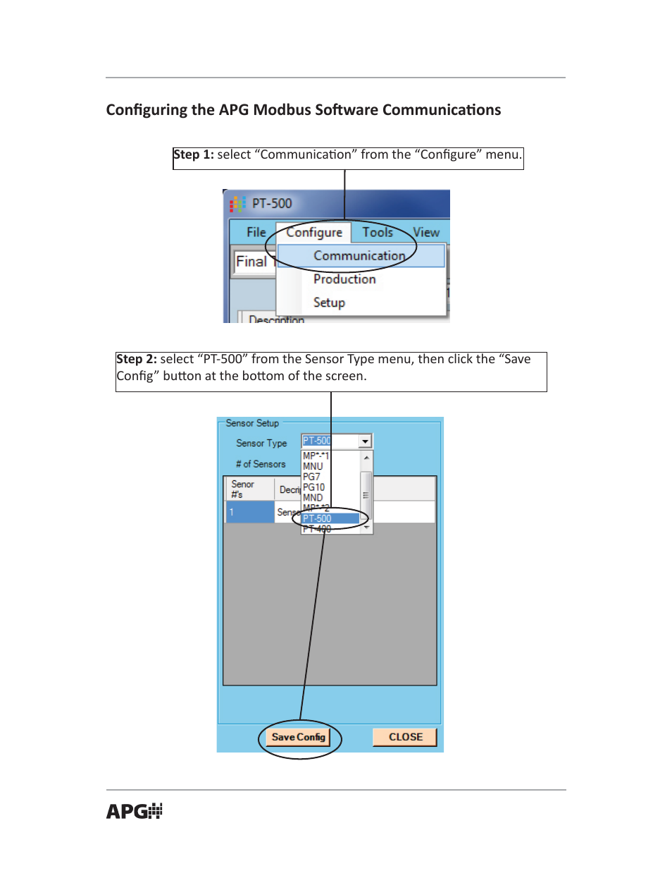 Confi guring the apg modbus so ware communica ons | APG PT-503 Slave Submersible Modbus user manual User Manual | Page 6 / 32